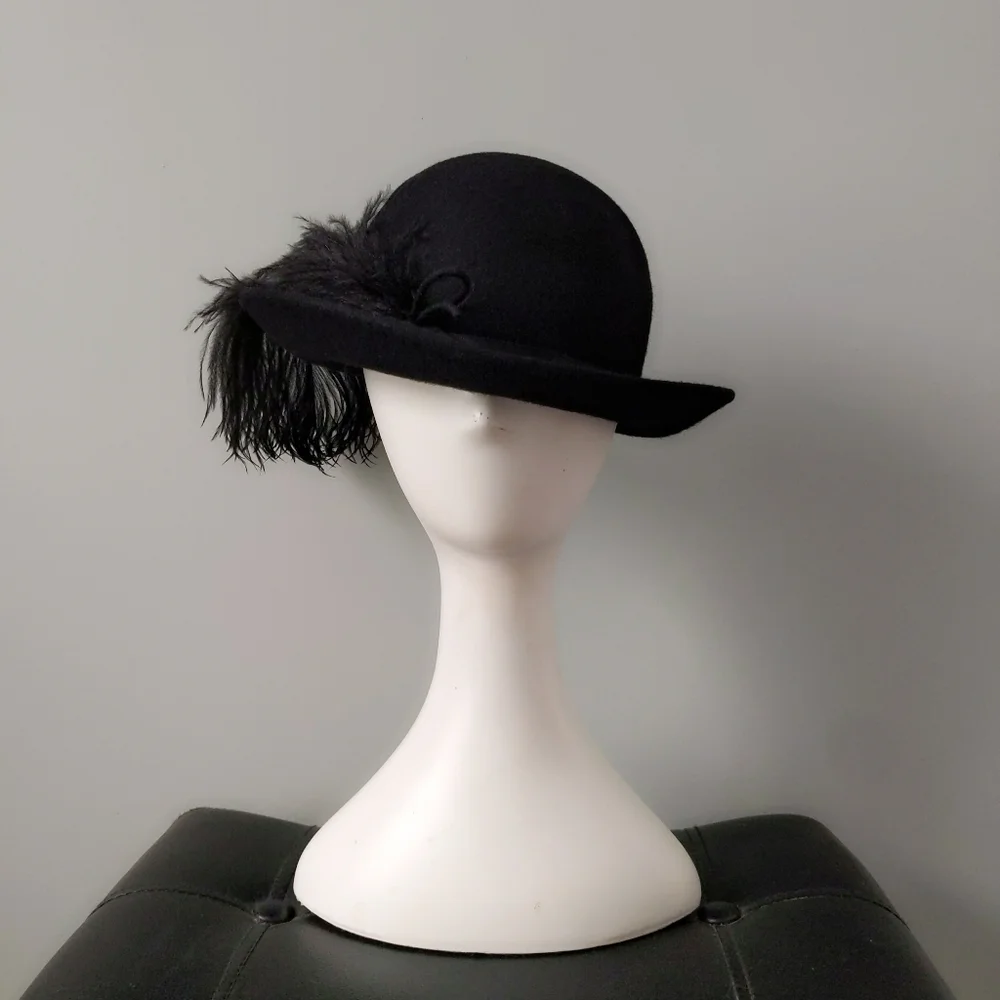 Vintage 1970s Ms. Jo Ann Black Wool Bowler Hat with Epic Huge Ostrich Feather
